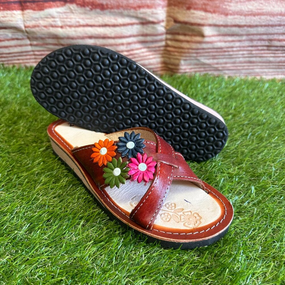 Women's Genuine Leather Sandals with Flower Details Handmade in Mexico